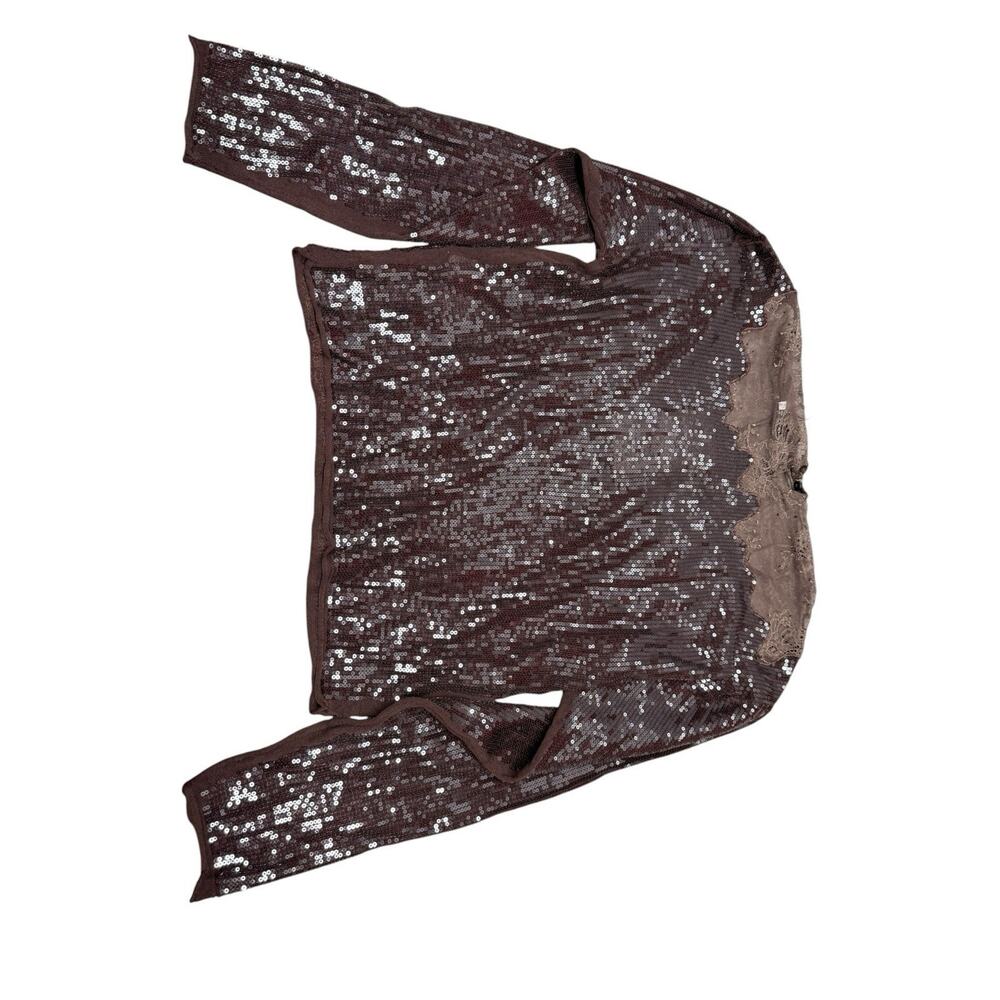 NWT Zara Sequin Lace Boat Neck Top Brown Shimmer Long Sleeve Blouse S - Picture 9 of 11